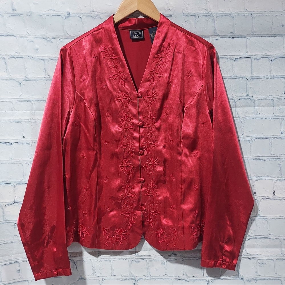 Oriental Asian Size 16 Blouse Top Red Beaded Floral Embroidered Button Front